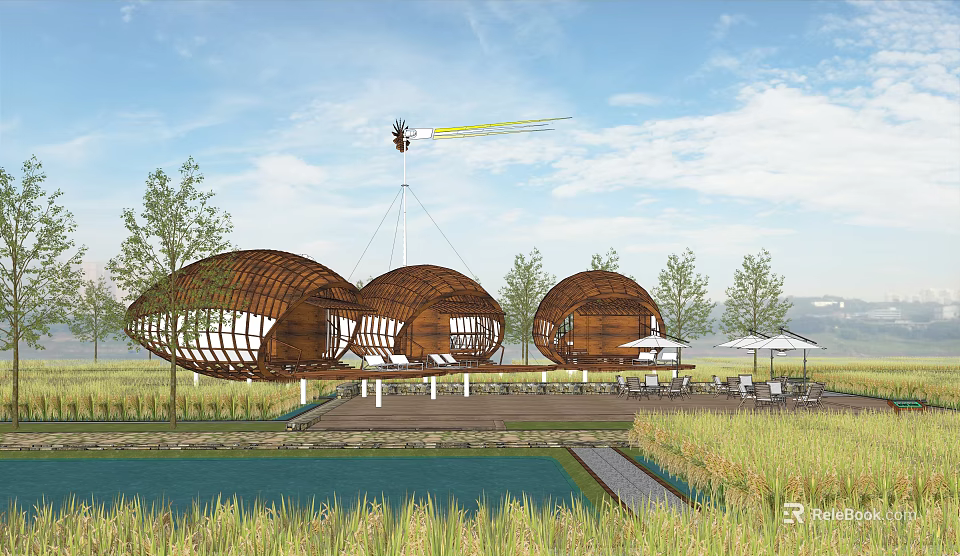 Rural Scenic Landscape With Bamboo Oval Huts Rice Fields Windmill And Waterfront Trees 3d model 