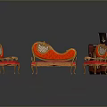 Vintage Furniture Set With Carved Sofa Red Upholstery Wooden Coffee Table And Chairs