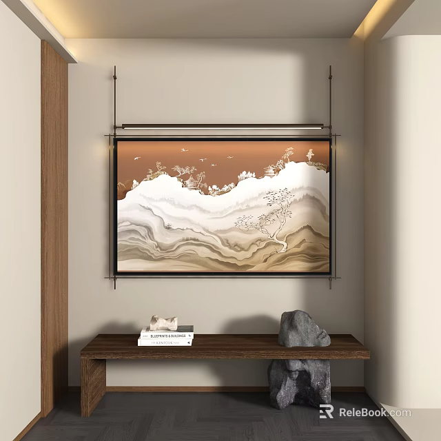 Chinese Landscape Painting With White Brown Wavy Mountains Trees Hanging On Wall Above Wooden Table 3d model 
