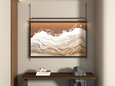 Chinese Landscape Painting With White Brown Wavy Mountains Trees Hanging On Wall Above Wooden Table 3d model