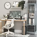 Modern Home Office Desk With Computer Monitor Green Plant Bookshelf Wall Clock And Gray Chair