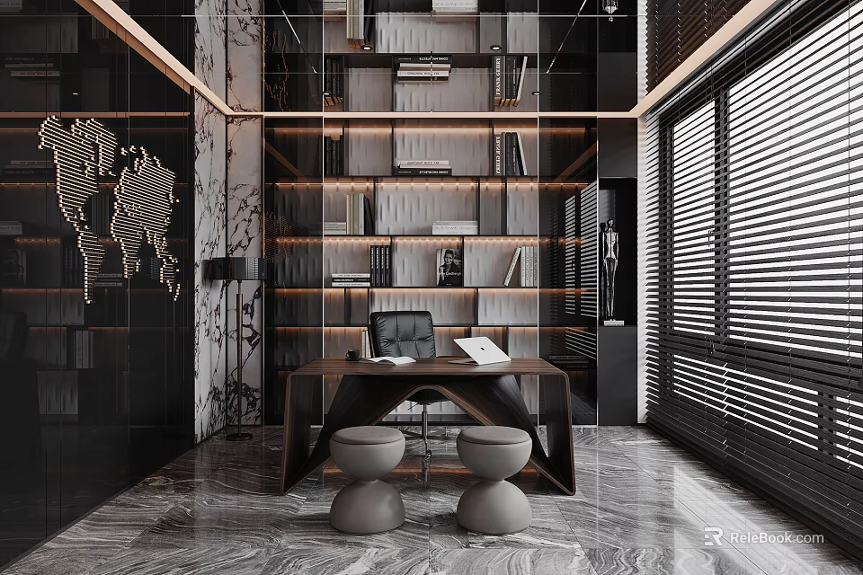 Modern Elegant Office Interior With Wooden Desk Bookshelves Marble Floor And Blinds 3d model 