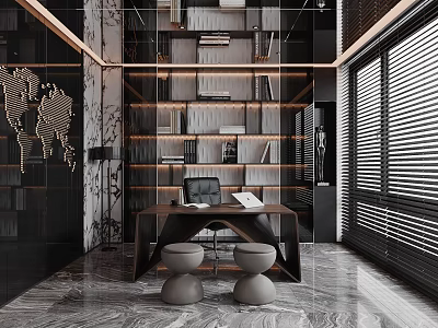 Modern Elegant Office Interior With Wooden Desk Bookshelves Marble Floor And Blinds 3d model