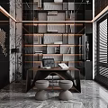 Modern Elegant Office Interior With Wooden Desk Bookshelves Marble Floor And Blinds
