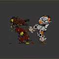 Red Robot With Yellow Components Fighting White Robot Having Orange Parts And Debris On Ground