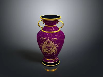 Elegant Purple Vase With Golden Patterns Loop Handles And Black Base 3d model