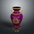 Elegant Purple Vase With Golden Patterns Loop Handles And Black Base
