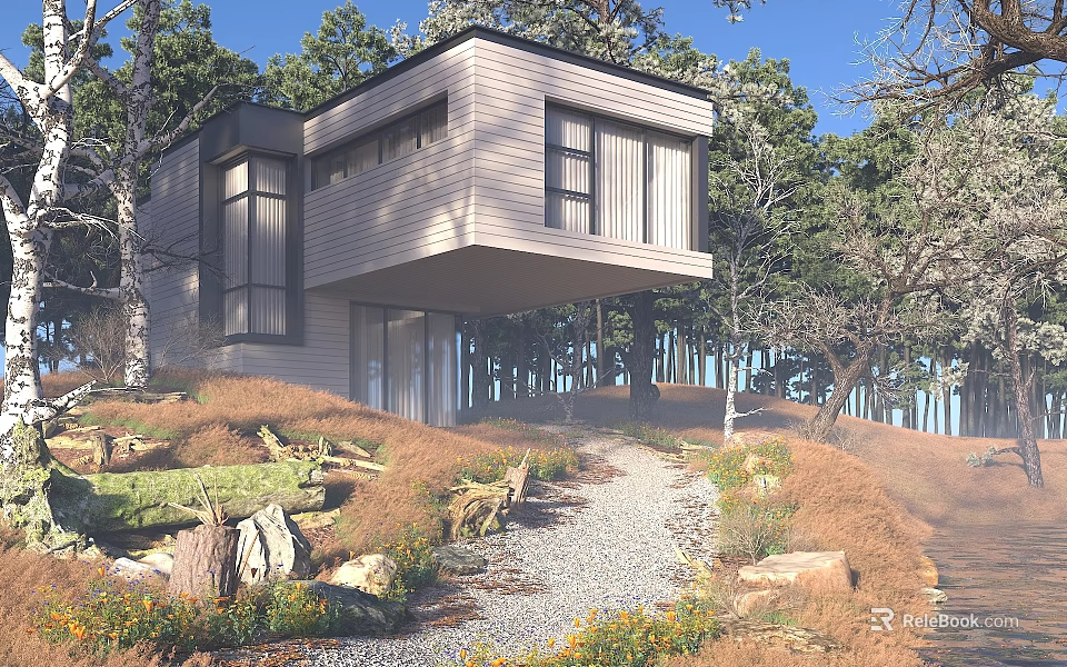 Modern Single Family House in Wooded Area With Large Windows Wooden Exterior and Gravel Pathway 3d model 