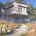 Modern Single Family House in Wooded Area With Large Windows Wooden Exterior and Gravel Pathway