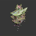 Cartoon Floating Island Scene With Small Wooden House Green Trees Red Decorations And Grassy Top