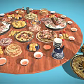 Assorted Delicious Foods on Round Wooden Table with Meats Fruits Pastries Sauces and Golden Teapot