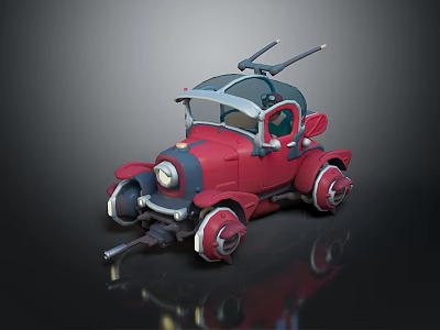 Fun Red Cartoon Style Car With Antennas And Unique Wheel Design 3d model