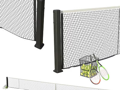 Tennis Net Setup With Balls In Basket And Rackets 3d model