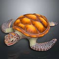Realistic Sea Turtle With Orange Brown Shell White Brown Limbs And Head Against Dark Background