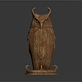 Intricate Wooden Owl Sculpture With Horns And Decorative Base On