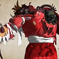 Game Movie Character In Red And White Tattered Outfit With Horned Decorations And Golden Patterns
