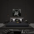 Double Bed With Gray Bedding White Pillows Monkey Painting And Pendant Lights In Modern Bedroom