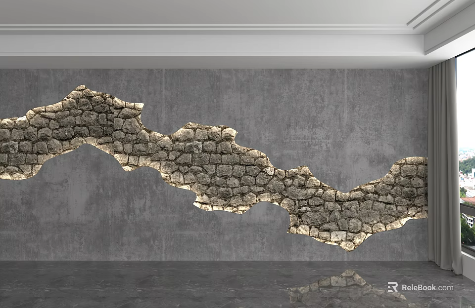 Modern Gray Background Wall With Irregular Stone Texture And Decorative Lighting 3d model 