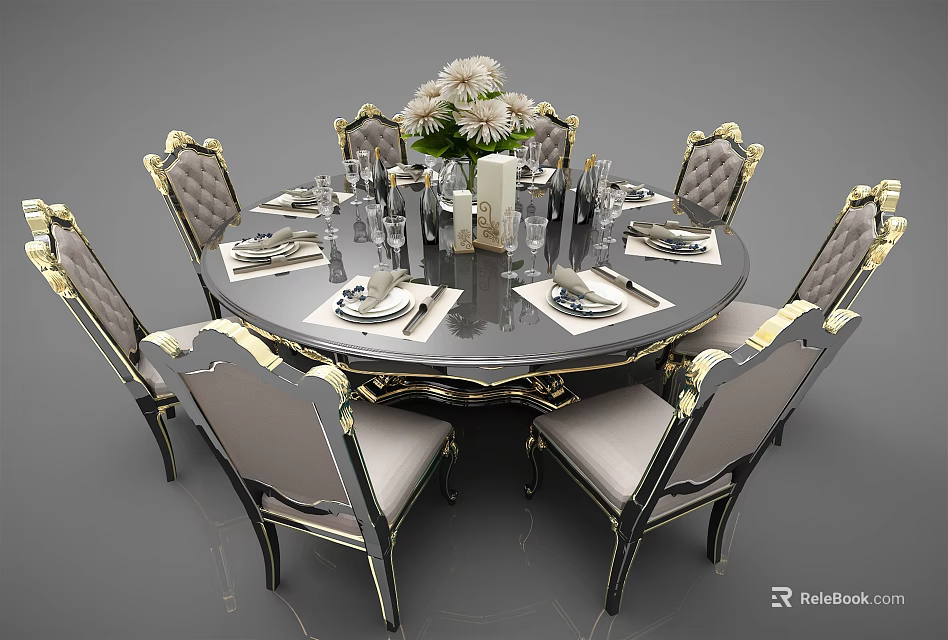 Elegant Round Dining Table Set With Upholstered Gold Accent Chairs And Floral Centerpiece 3d model 