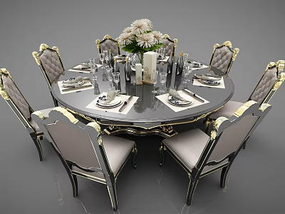 Elegant Round Dining Table Set With Upholstered Gold Accent Chairs And Floral Centerpiece 3d model