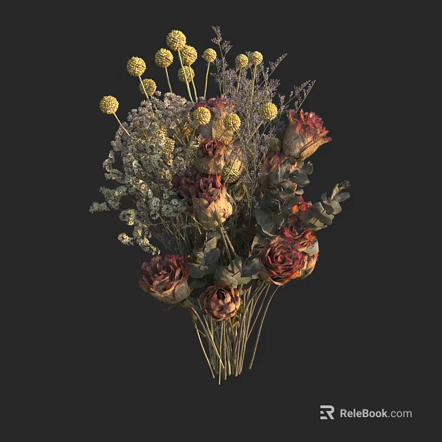 Dried Flowers Bouquet With Yellow Spherical Flowers Red Brown Roses And Green Leaves 3d model 