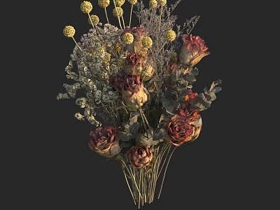 Dried Flowers Bouquet With Yellow Spherical Flowers Red Brown Roses And Green Leaves 3d model