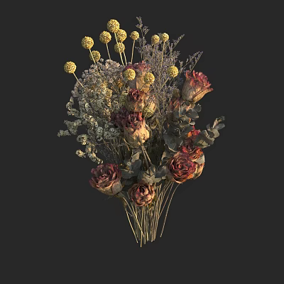 Dried Flowers Bouquet With Yellow Spherical Flowers Red Brown Roses And Green Leaves 3d model