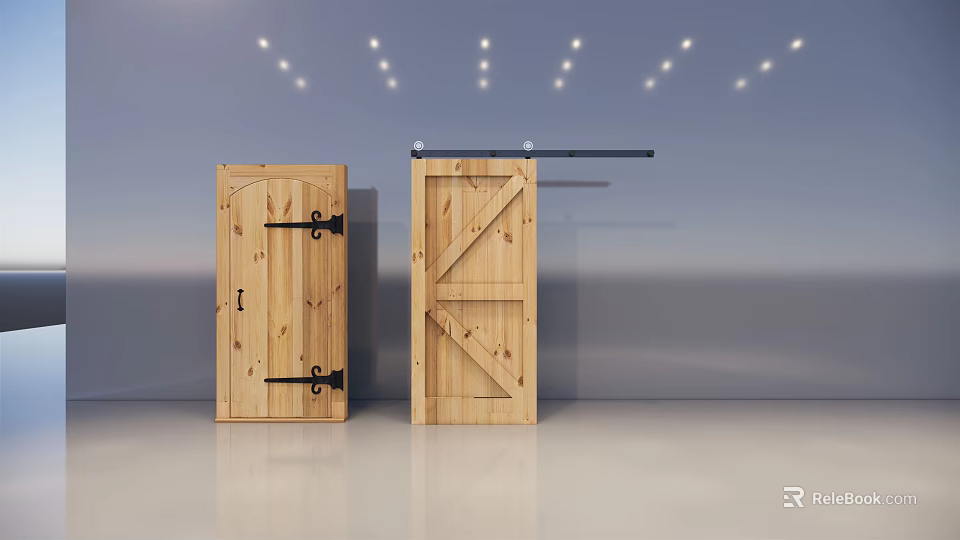 Wooden Barn Door Design With Black Metal Hinges And Sliding Track For Modern Interior 3d model 