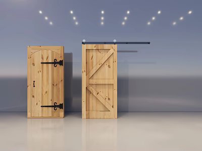 Wooden Barn Door Design With Black Metal Hinges And Sliding Track For Modern Interior 3d model