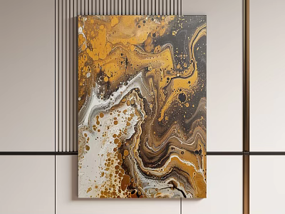 Abstract Painting With Golden Black And White Fluid Marbled Texture Wall Art 3d model