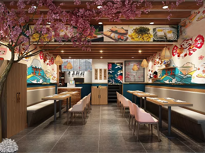 Modern Asian Restaurant Interior With Cherry Blossom Tree Wall Murals And Wooden Tables Chairs 3d model
