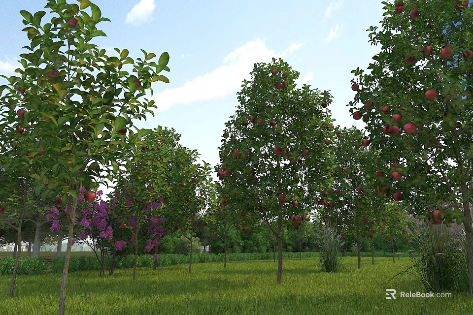 Scenic Garden Landscape With Fruit Trees Red Fruits Green Lawn Purple Flowers And Blue Sky 3d model 
