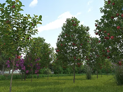Scenic Garden Landscape With Fruit Trees Red Fruits Green Lawn Purple Flowers And Blue Sky 3d model