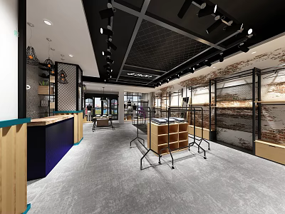 Modern Industrial Clothing Store Interior With Metal Racks Brick Walls And Wooden Counter 3d model