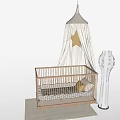 Wooden Baby Crib With Striped Canopy Pillow And White Floor Lamp