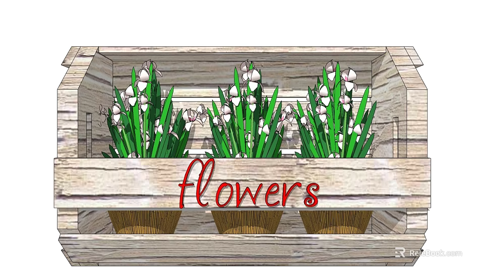 Three Potted Bonsai Plants In Wooden Box With White Flowers 3d model 