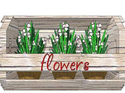 Three Potted Bonsai Plants In Wooden Box With White Flowers 3d model