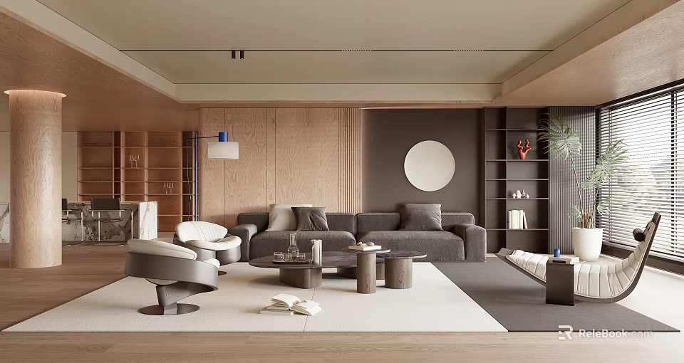 Modern Living Room Interior With Gray Sofa Round Mirror And Wooden Bookshelves 3d model 