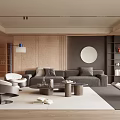 Modern Living Room Interior With Gray Sofa Round Mirror And Wooden Bookshelves