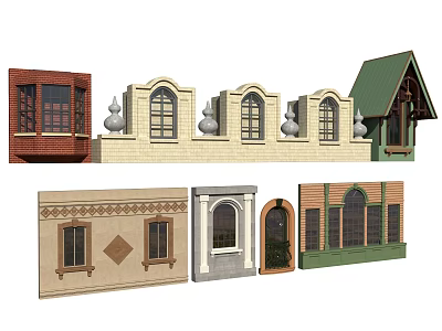 Various Architectural Facade Decorative Elements With Arched Windows Doors And Roof Designs 3d model