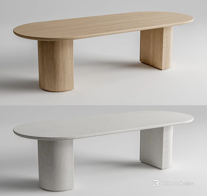 Oval Dining Table Design With Wooden And Gray Textured Tabletop And Cylindrical Legs 3d model 