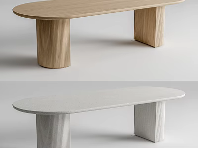Oval Dining Table Design With Wooden And Gray Textured Tabletop And Cylindrical Legs 3d model