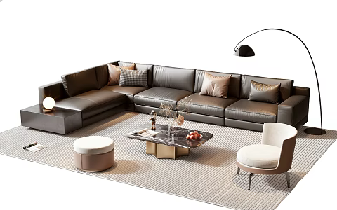 Modern Sofa Coffee Table Combination Sofa Coffee Table Decoration Floor Lamp Potted Plant Wall Decoration Book Carpet 3d model
