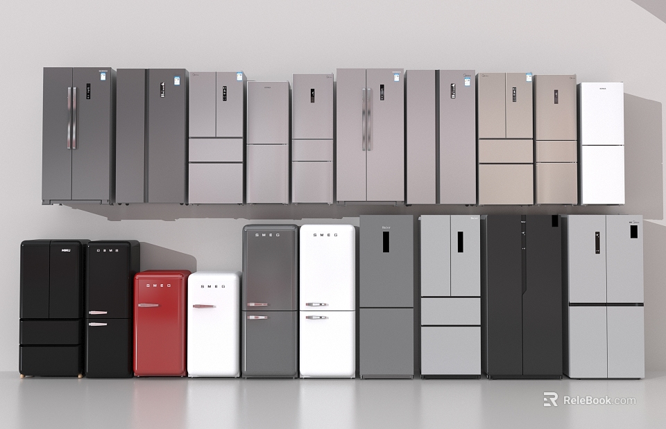 Refrigerators and Freezers in Assorted Colors and Different Styles Displayed on Shelves 3d model 