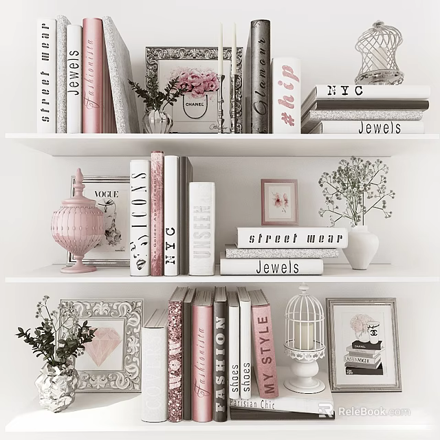 Decorative Accessories Collection With Books Frames Birdcage Vases And Green Plants On Shelves 3d model 