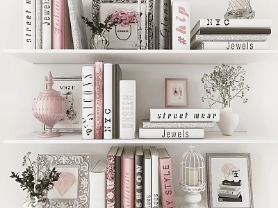Decorative Accessories Collection With Books Frames Birdcage Vases And Green Plants On Shelves 3d model