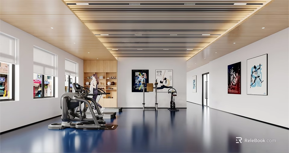 Modern Spacious Fitness Gym With Treadmills Blue Flooring And Wall Posters 3d model 