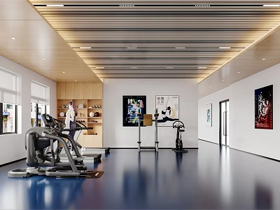Modern Spacious Fitness Gym With Treadmills Blue Flooring And Wall Posters 3d model
