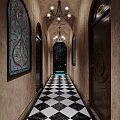 Elegant Corridor With Black White Checkered Floor Arched Doorway Chandeliers And Starry Sky End Door