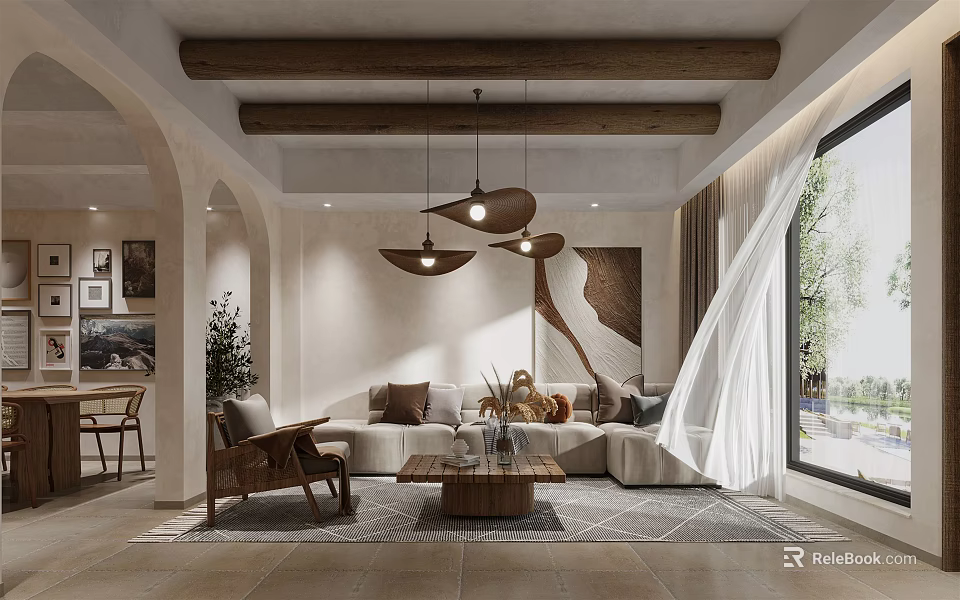 Warm Living And Dining Room Interior With Wooden Beams Pendant Lights And Large Window 3d model 